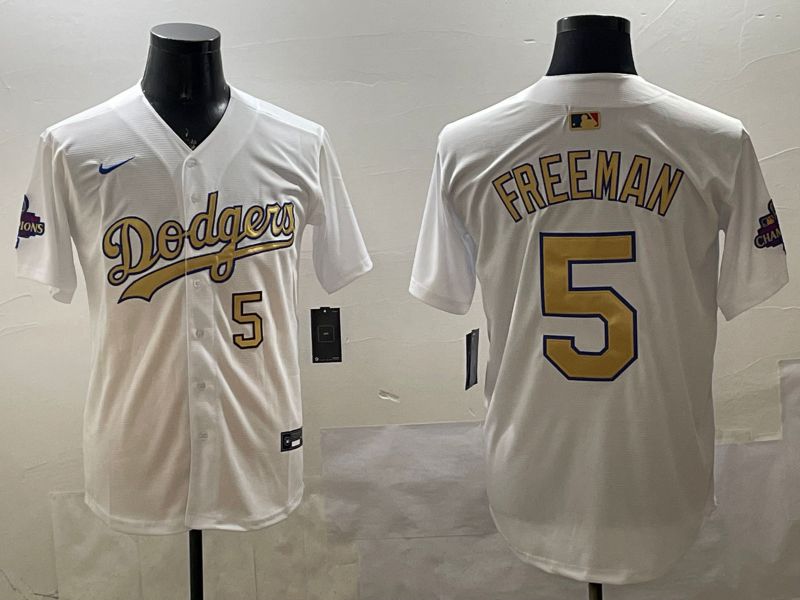 Men Los Angeles Dodgers 5 Freeman White Champion gold character 2025 Nike MLB Jersey style 3317